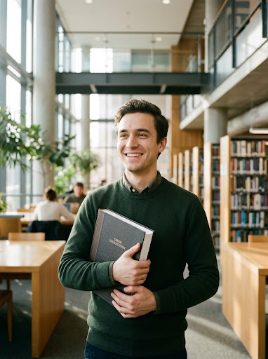 Retrato de um estudante de pós-graduação aliviado e feliz, segurando com orgulho sua monografia em uma biblioteca universitária moderna